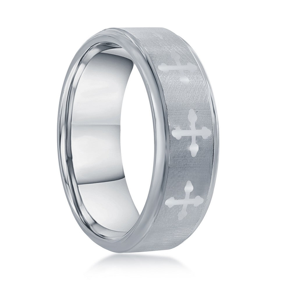 Brushed & Polished Tungsten Ring - Cross Design