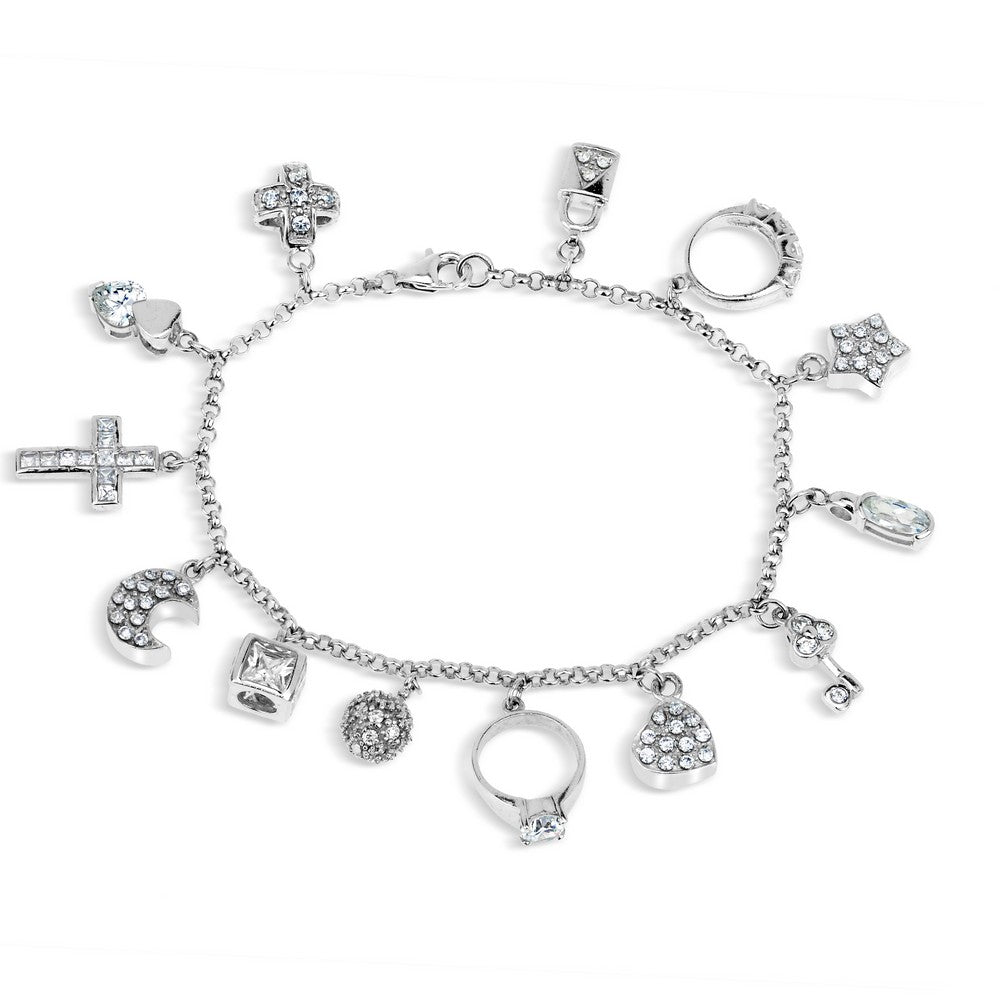 Sterling Silver Rolo Chain With  Multi CZ Charms Bracelet