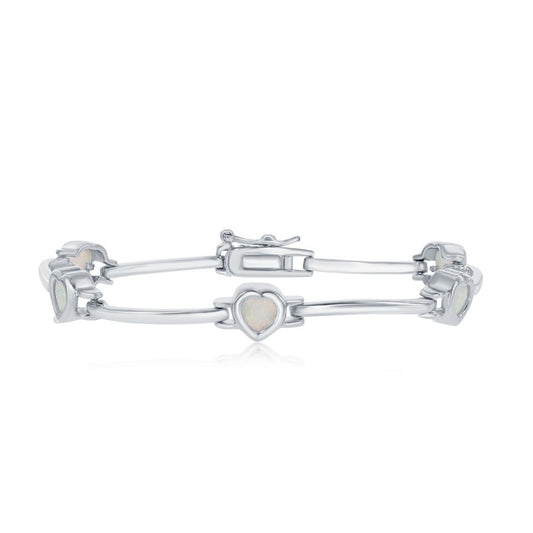 Sterling Silver 7 Inch Bar & Heart White Opal Bracelet