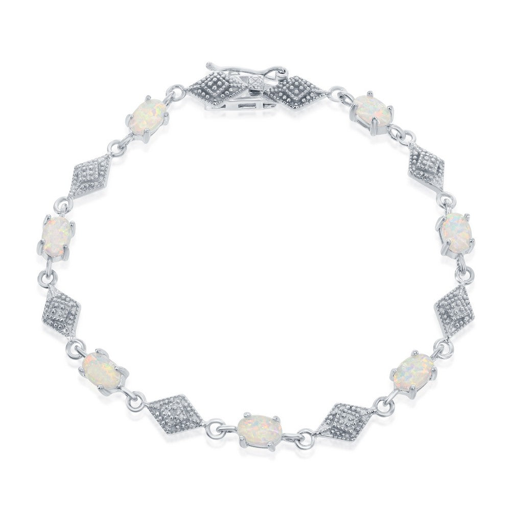 Sterling Silver Oval White Opal With Marquise Shape CZ Bracelet