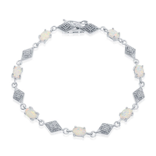 Sterling Silver Oval White Opal With Marquise Shape CZ Bracelet
