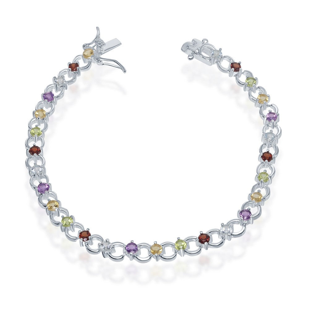 Sterling Silver 7 Inch Circle Linked Bracelet With  Multi Colored gem stones