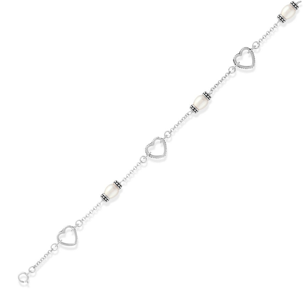 Sterling Silver 7.5 Inch Rolo Chain With  Alternating Hearts & FWPs Bracelet