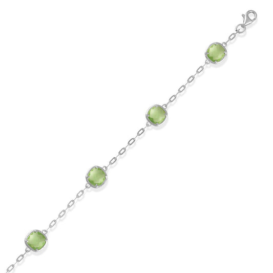 Sterling Silver 7.5 Inch Mini Oval Chain With  L.Peridot Rounded Squares CZ Bracelet