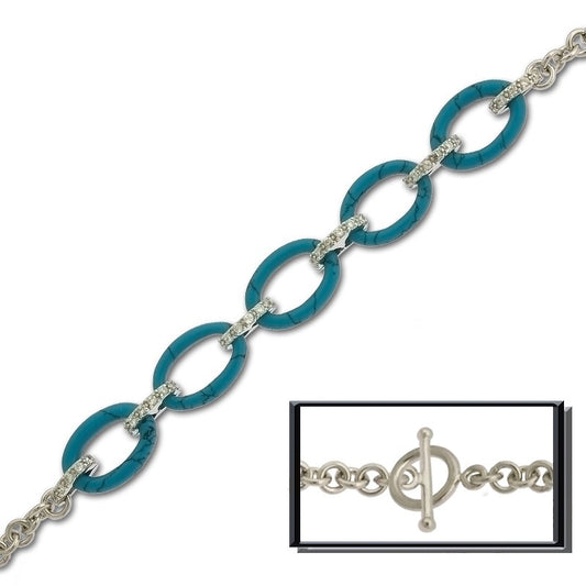 Sterling Silver Linked Oval Turquoise With CZ Bracelet