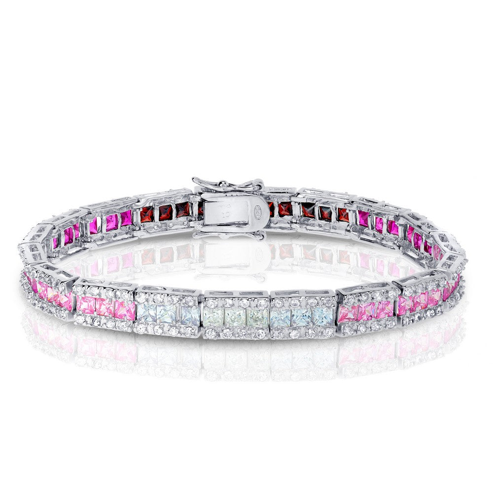 Pink, Green, Champagne and Blue CZ Alternating Circles and Rectangles Bracelet