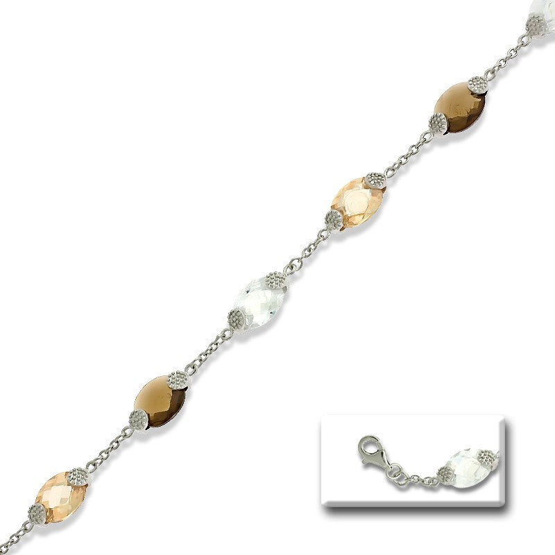Sterling Silver Alternating Clear, Champagne and Brown Circle CZs Chain-Link Bracelet