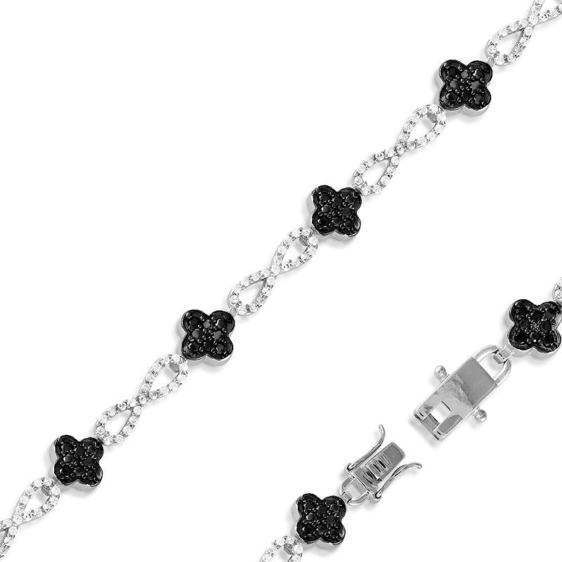 Sterling Silver Clear CZ Infinity and Black CZ on Black Rhodium Flowers Linked Bracelet