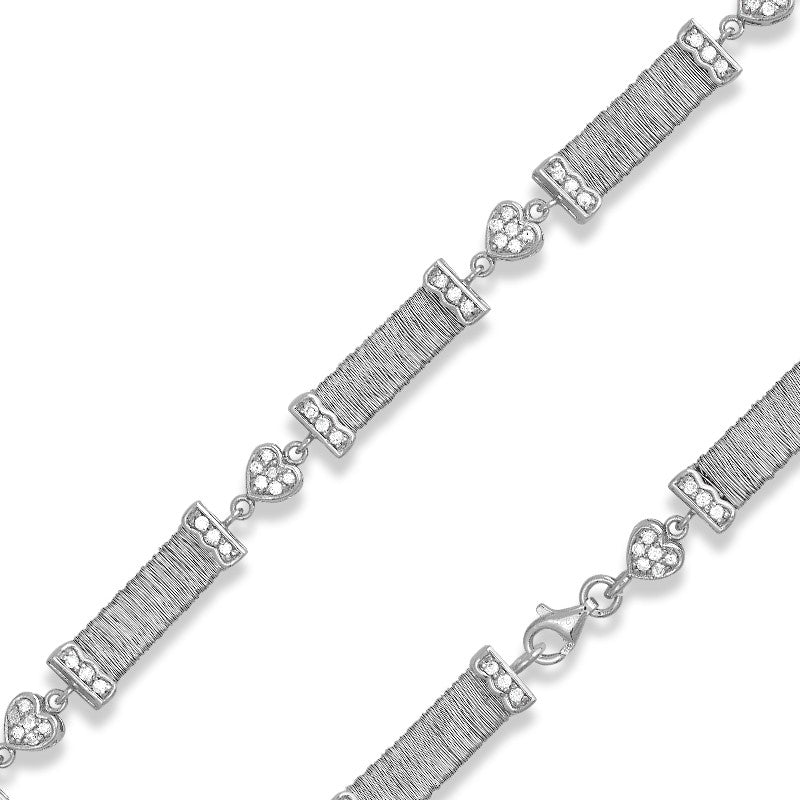 Sterling Silver 7.5 Inch Threaded Bars With  CZ Hearts Bracelets
