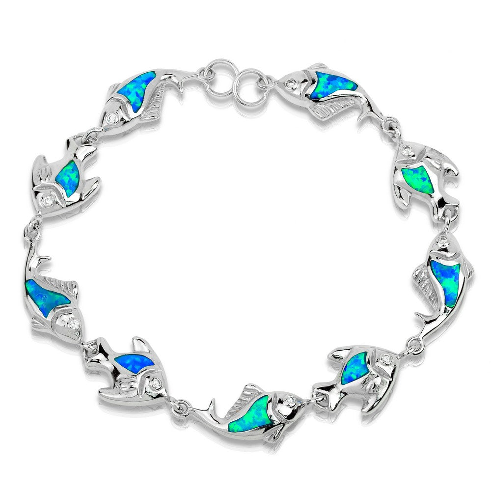 Sterling Silver Blue Inlay Opal Varying Fish Linked Bracelet
