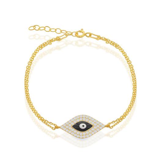 Sterling Silver Double-Strand With  Center CZ and Black Evil Eye Bracelet -Gold Plated