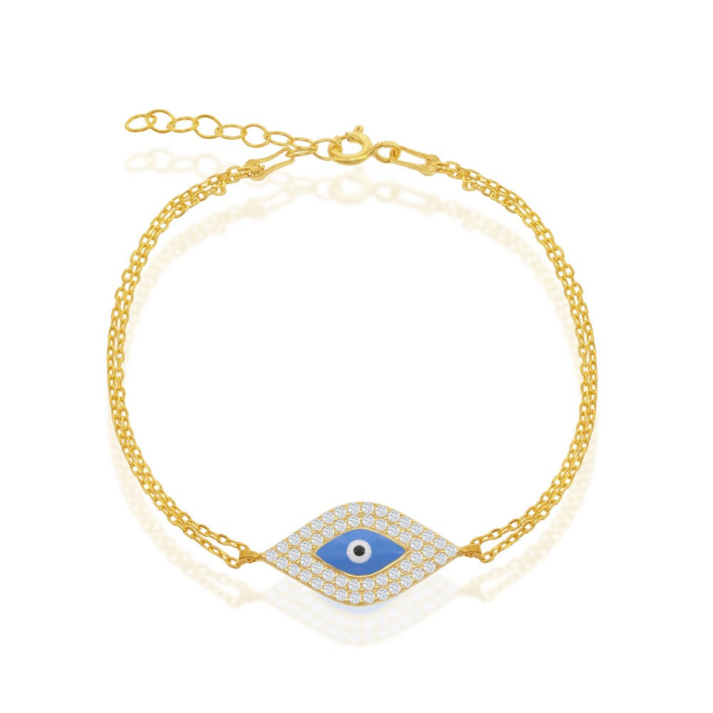 Sterling Silver Double-Strand With  Center CZ and Blue Evil Eye Bracelet - Gold Plated