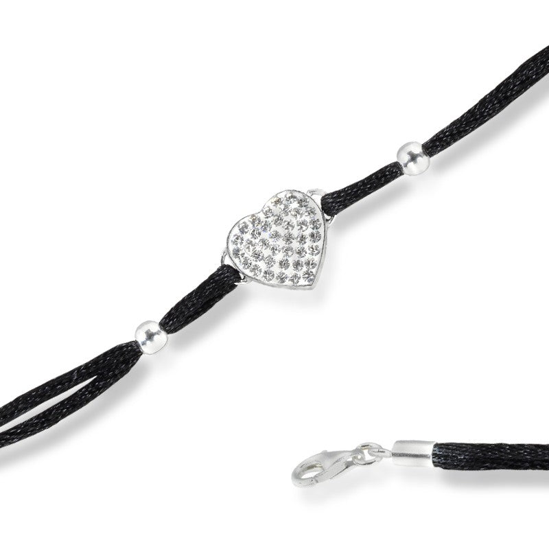 Sterling Silver 7 Inch Double Strand Black Cord With  Black and White Crystal Heart Bracelet
