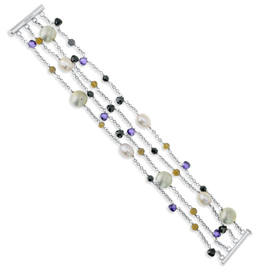 Sterling Silver 4-Strand FWP With  Amethyst, Olive and Black Beads Bracelet