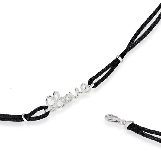 Sterling Silver 7 + 1 Inch Double-Strand Black Cord CZ Love Bracelet