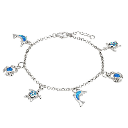 Sterling Silver Blue Inlay Opal Hanging Sea-Life Charms Bracelet