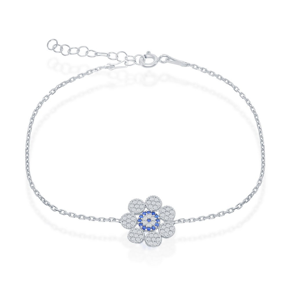 Sterling Silver Clear CZ With Blue CZ Center Flower Bracelet