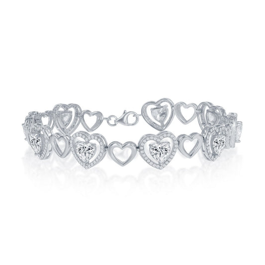 Sterling Silver Heart Alternating With Micro Pave Hearts With CZ Center Bracelet