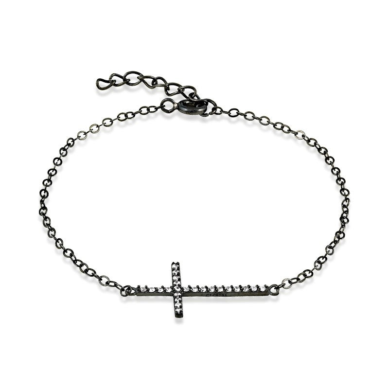 Sterling Silver  Black Rhodium CZ Sideways Cross Bracelet