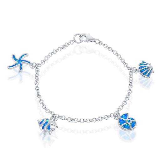 Sterling Silver Blue Inlay Opal Shell and Fish Charm Bracelet