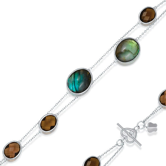 Sterling Silver Double-Strand With Smoky Quartz and Large Labradorite Gemstone Heart Toggle Bracelet