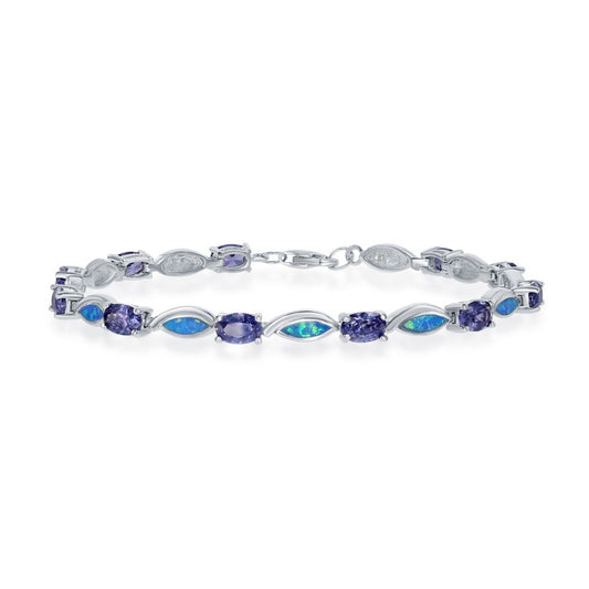 Sterling Silver Alternating Oval Tanzanite CZs and Blue Inlay Opal Marquise Shapes Bracelet