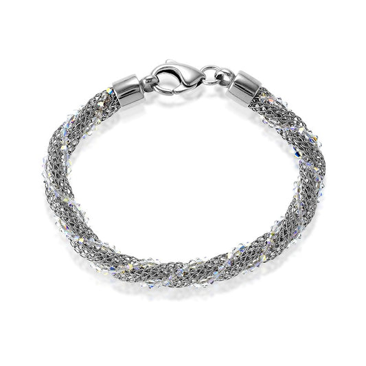 Sterling Silver  Mesh Twisted With Crystals Bracelet