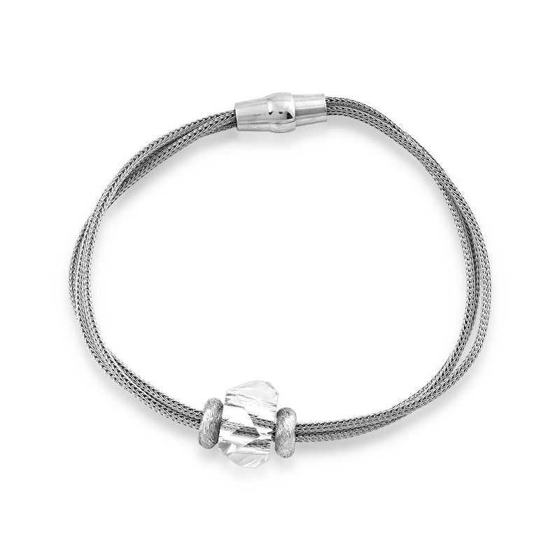 Sterling Silver Multi Strand Mesh White  Swarovski Crystal Center Bracelet