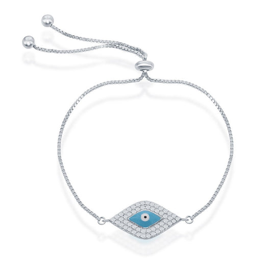 Sterling Silver Box Chain with Center CZ Blue Evil Eye with Beads Adjustable Bolo Brac