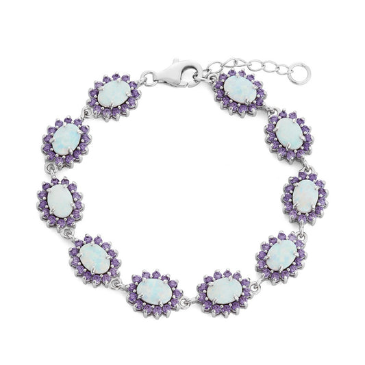 Sterling Silver Oval White Inlay Opal with Amethyst CZ Border Bracelet