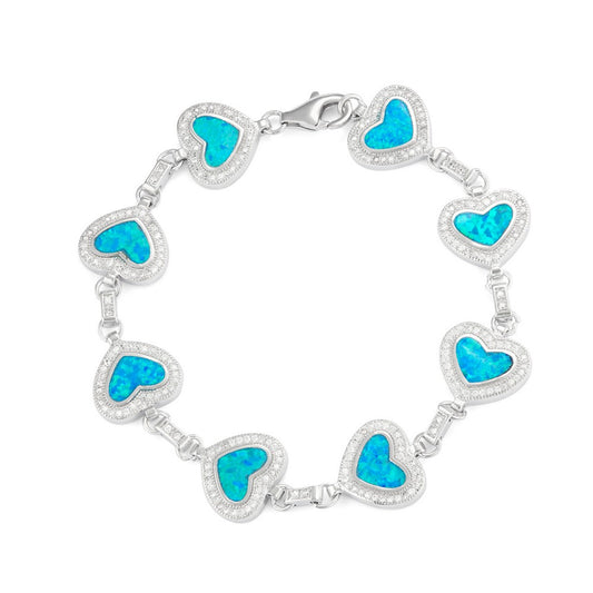 Sterling Silver  Heart Blue Inlay Opal with Micro Pave CZ Border Bracelet