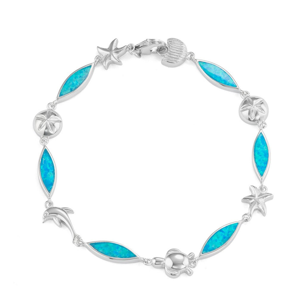 Sterling Silver Marquise Shaped Blue Inlay Opal with Sea Life Bracelet