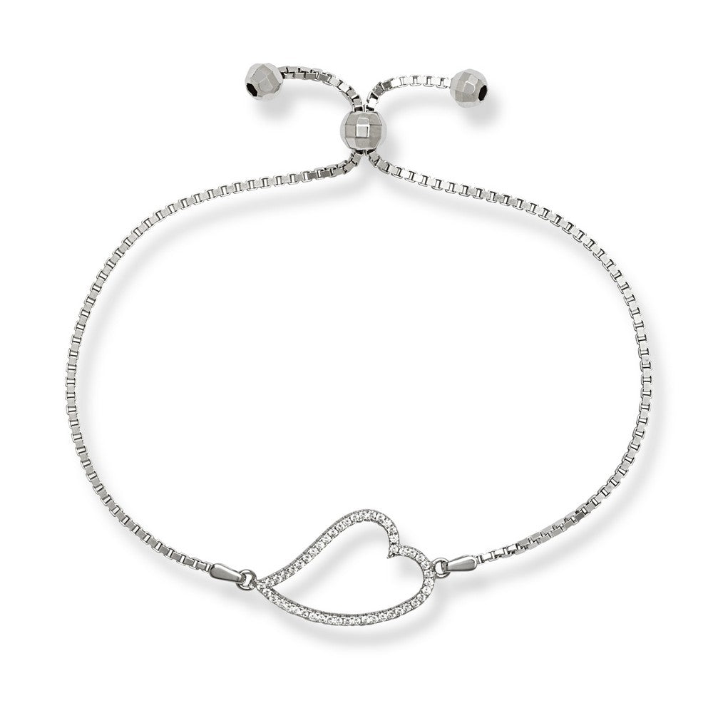 Sterling Silver Box Chain With Center Open CZ Curved Heart With Beads Adjustable Bolo Bracelet
