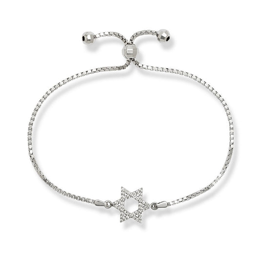 Sterling Silver Box Chain With Center Open CZ Star of David with Beads Adjustable Bolo Bracelet