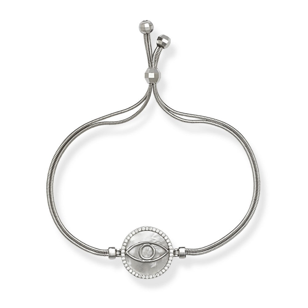 Silver Snake Chain White MOP With Center CZ Evil Eye With CZ Border Adjustable Bolo Bracelet