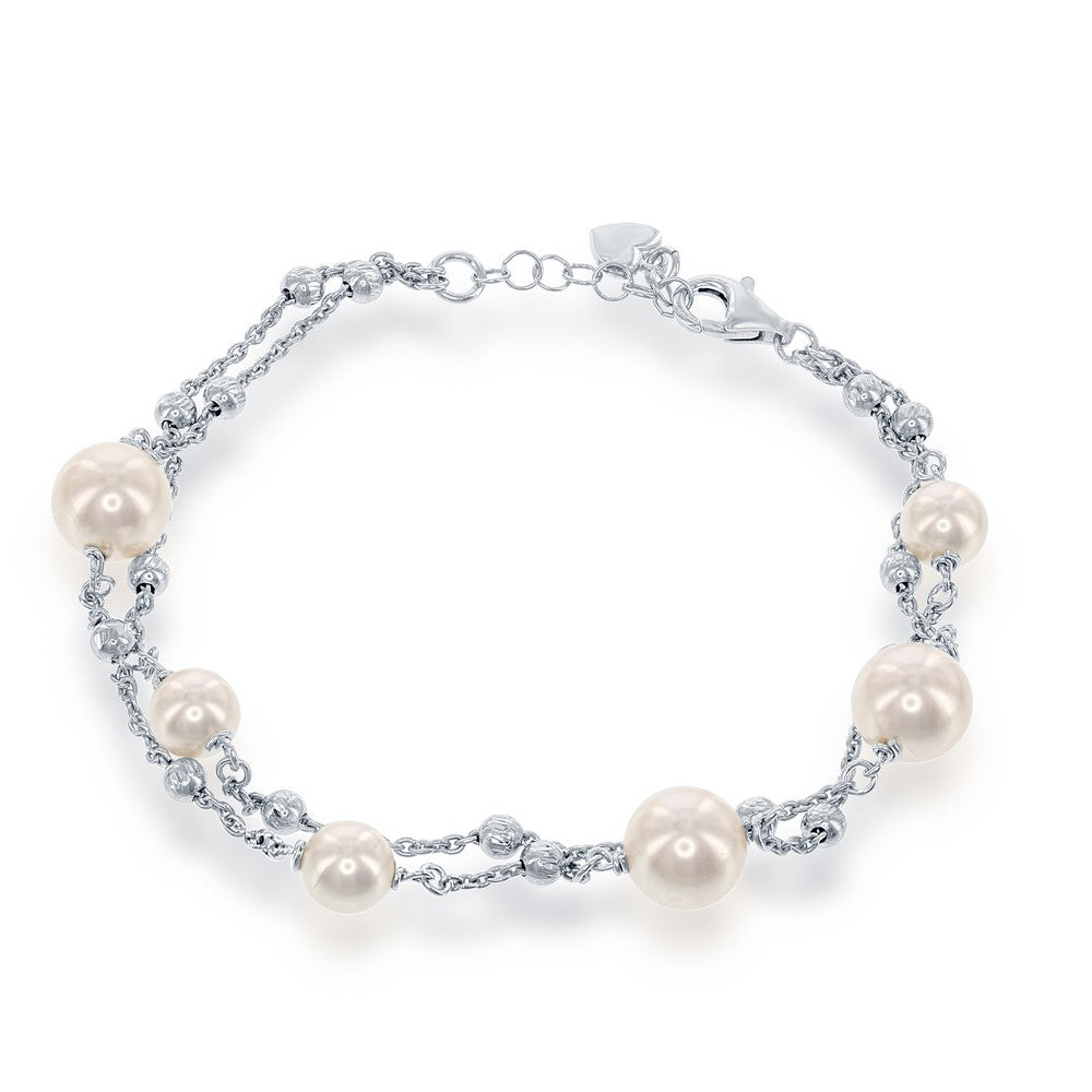 Sterling Silver Double Strand 8mm and 6mm Pearls with Moon Beads Bracelet