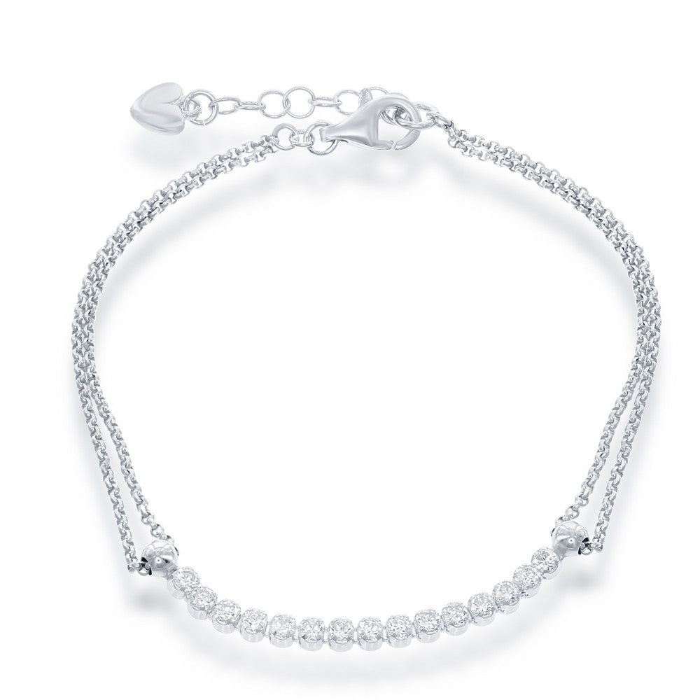 Sterling Silver Double Strand with Long Thin Row of CZs Bracelet