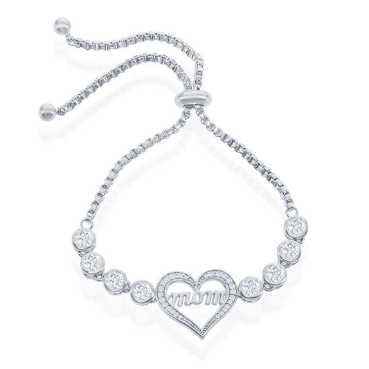 Sterling Silver Center Mom Heart with Linked Bezel CZs Adjustable Bolo Bracelet
