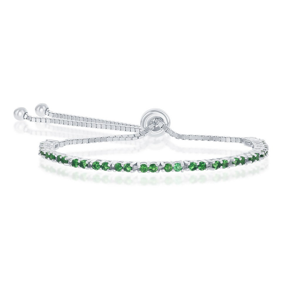 Sterling Silver 2MM Green CZMay Birthstone Tennis Adjustable Bolo Bracelet