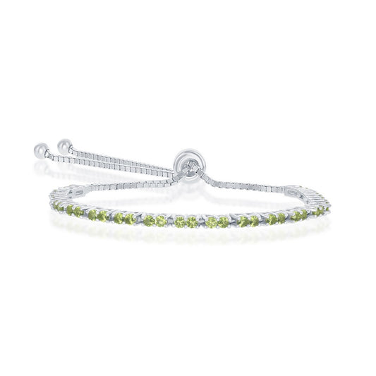 Sterling Silver 2MM Peridot CZAugust Birthstone Tennis Adjustable Bolo Bracelet