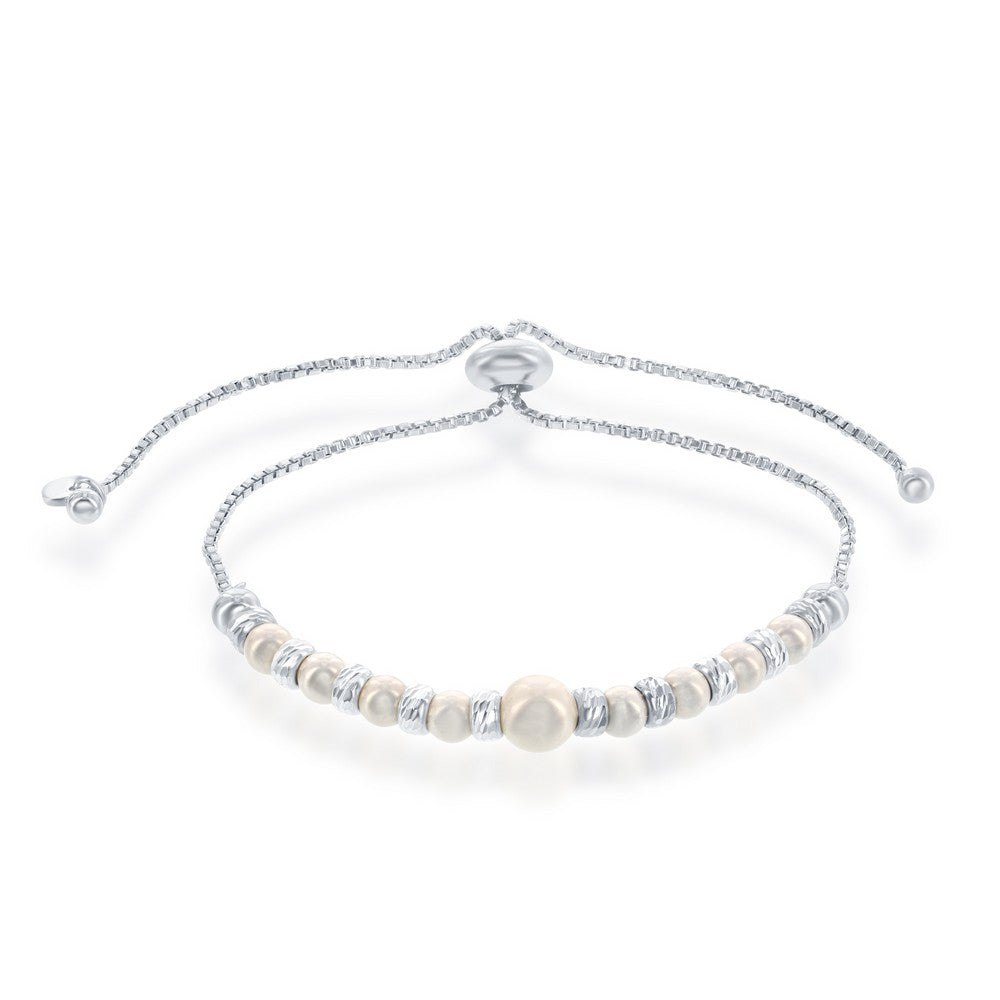Sterling Silver Alternating Diamond Cut Beads & Pearls Adjustable Bolo Bracelet