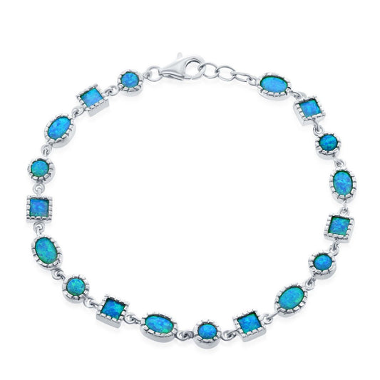 Sterling Silver Alternating Oval, Square & Circle Blue Inlay Opal Bracelet