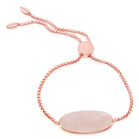 Sterling Silver Rose Gold Plated Center Oval Rose Quartz Adjustable Bolo Bracelet