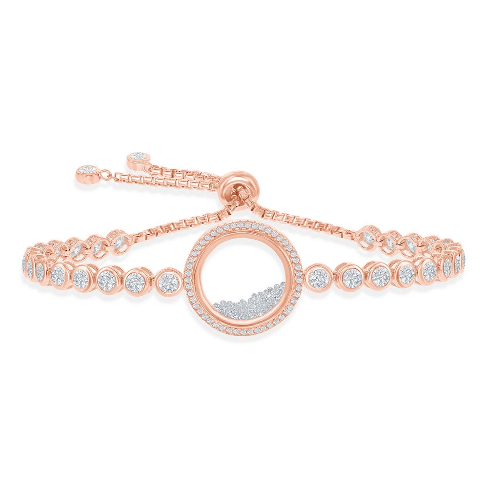 Sterling Silver Floating White CZ in a Disc Bezel-Set CZ Adjustable Bolo Bracelet - Rose Gold Plated