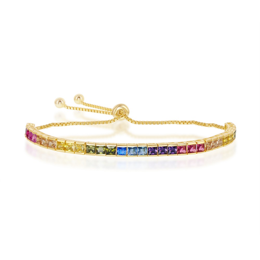 Sterling Silver Rainbow CZ Channel-Setting 4mm Adjustable Bolo Bracelet - Gold Plated