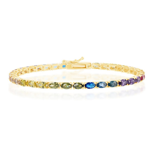Sterling Silver Oval Rainbow CZ Tennis Bracelet - Gold Plated