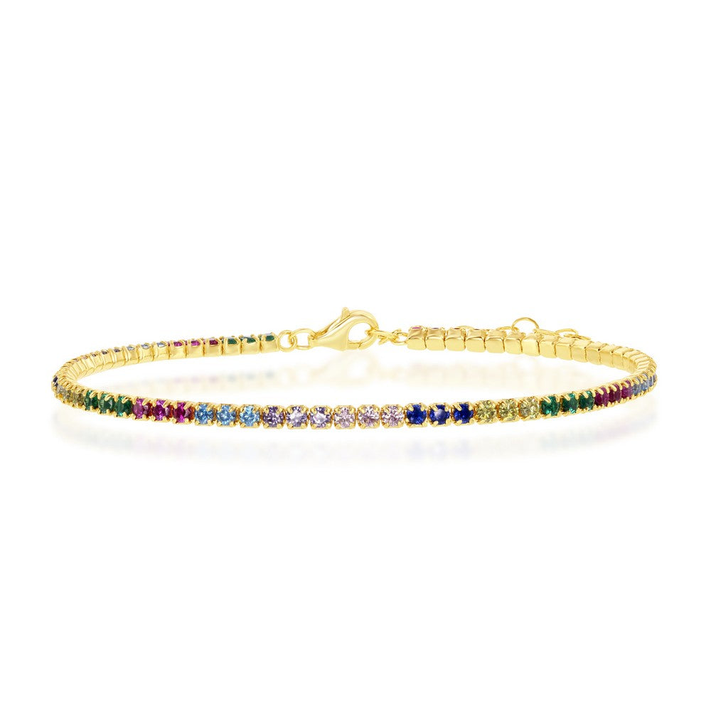 Sterling Silver Rainbow CZ Tennis Bracelet - Gold Plated