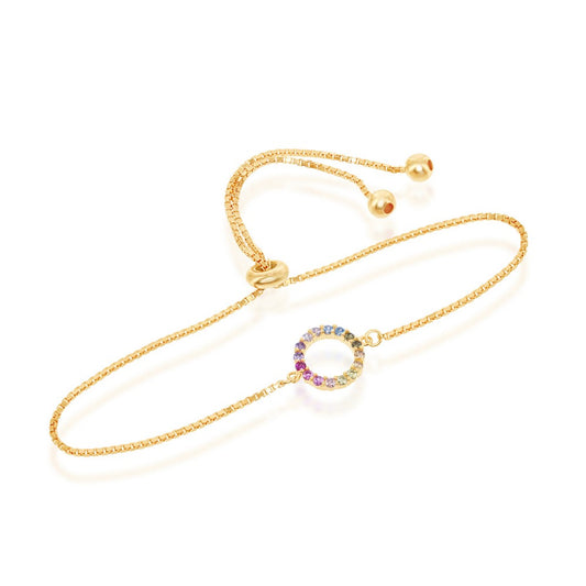 Sterling Silver Rainbow CZ Open Circle With Box Chain Adjustable Bolo Bracelet - Gold Plated