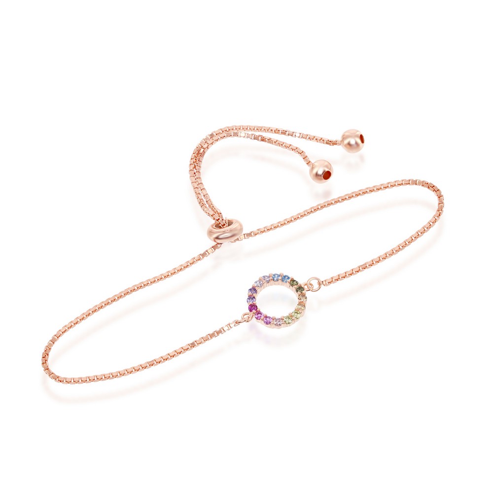Sterling Silver Rainbow CZ Open Circle With Box Chain Adjustable Bolo Bracelet - Rose Gold Plated