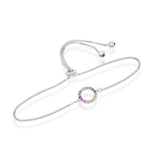 Sterling Silver Rainbow CZ Open Circle With Box Chain Adjustable Bolo Bracelet